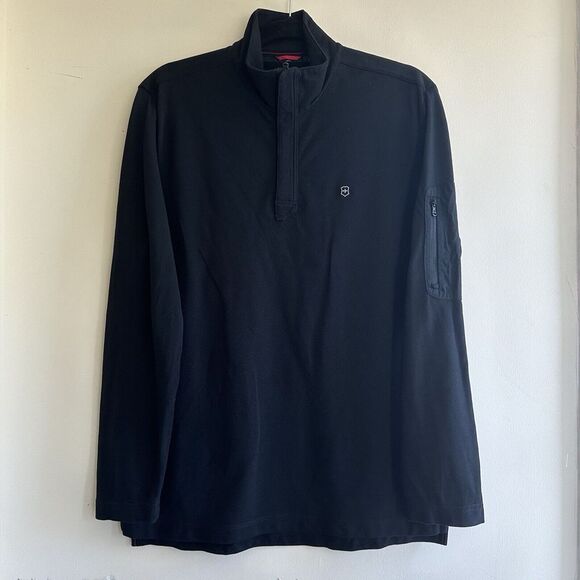 Victorinox Men's Vx Quarter‎ Zip Long Sleeve Polo Black Medium Lightweight - Picture 1 of 13